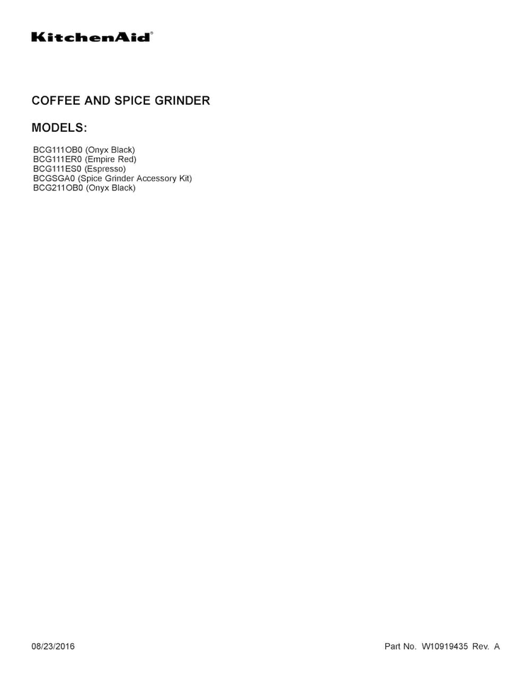Cover Sheet Diagram and Parts List for BCG111OB0  KitchenAid Coffee Grinder
