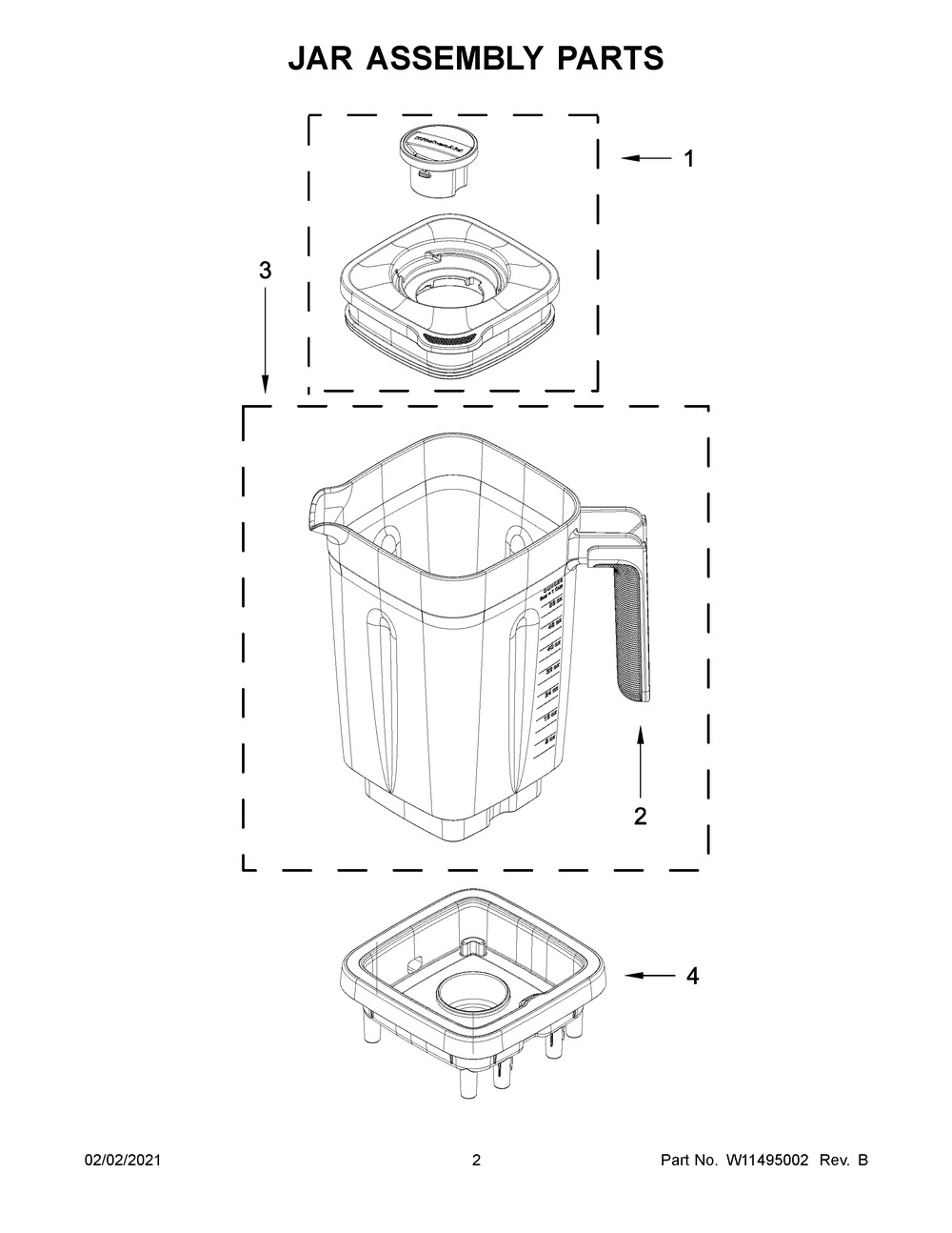 Jar Assembly Parts Diagram and Parts List for KSB4028BS0  Whirlpool Blender