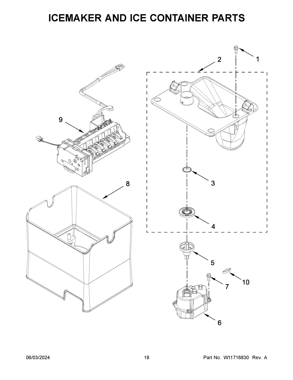 Icemaker And Ice Container Parts Diagram and Parts List for WRF757SDHZ05  Whirlpool Refrigerator