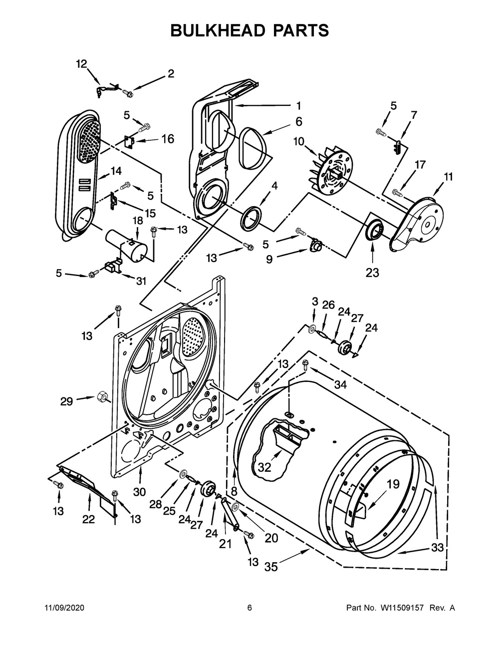 Bulkhead Parts Diagram and Parts List for WGD4815EW3  Whirlpool Dryer