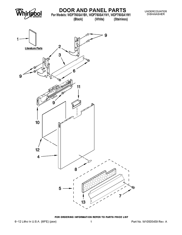 DOOR AND PANEL PARTS Diagram and Parts List for WDF750SAYW1  Whirlpool Dishwasher
