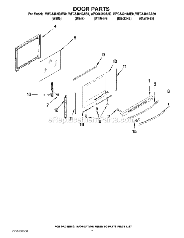 Door Parts Diagram and Parts List for WFG540H0AB0  Whirlpool Range