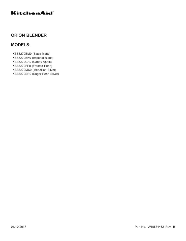 Cover Sheet Diagram and Parts List for KSB8270BK0  KitchenAid Blender