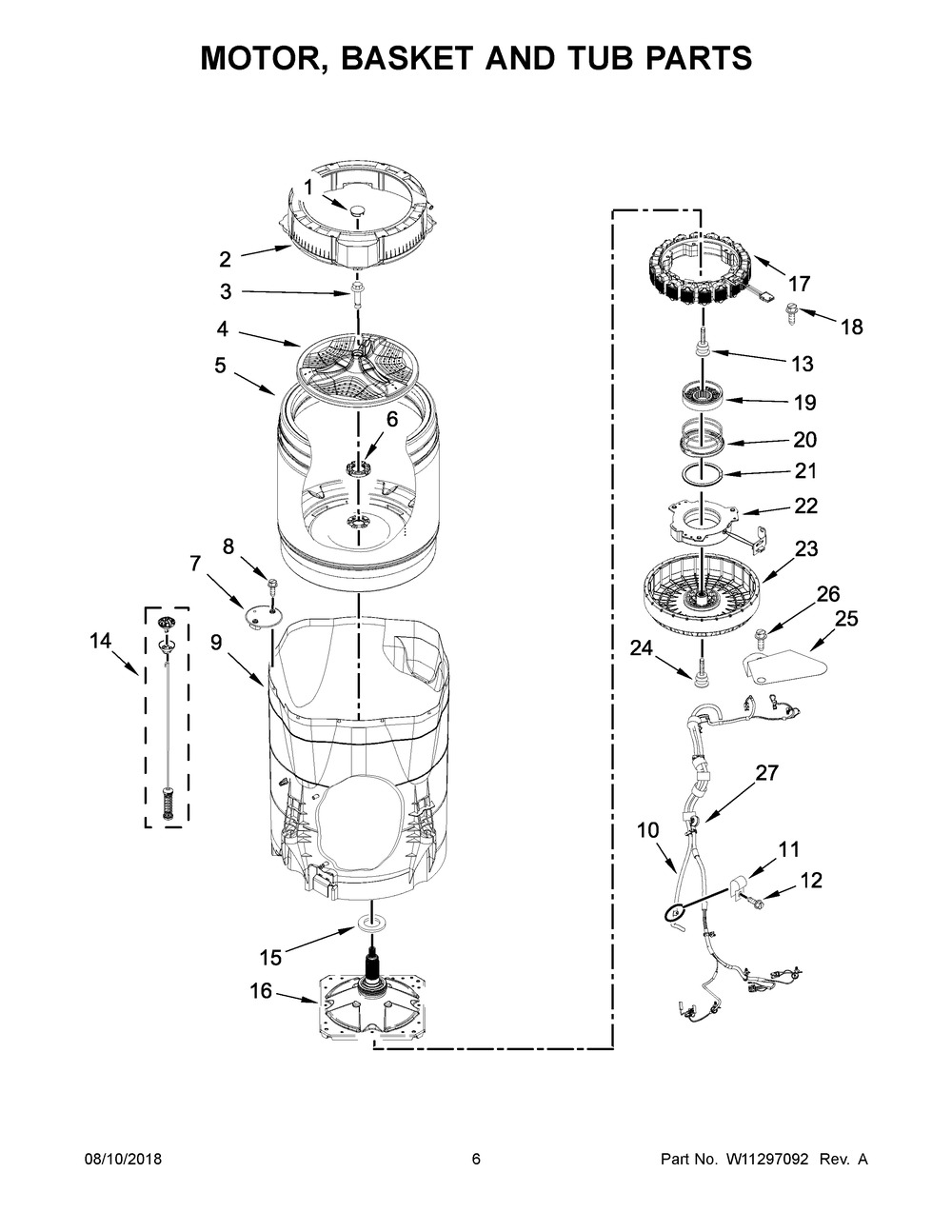 Motor, Basket And Tub Parts Diagram and Parts List for WTW7500GC2  Whirlpool Washer