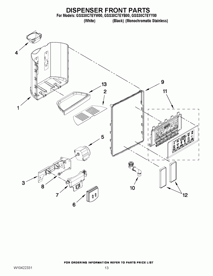 DISPENSER FRONT PARTS Diagram and Parts List for GSS30C7EYY00  Whirlpool Refrigerator