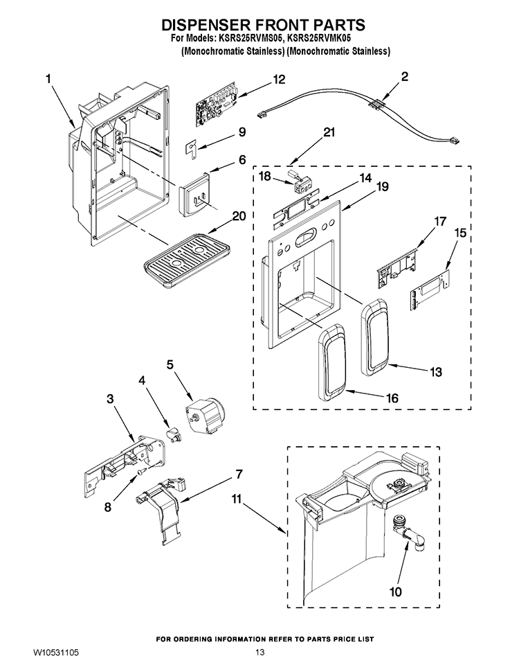 DISPENSER FRONT PARTS Diagram and Parts List for KSRS25RVMK05  KitchenAid Refrigerator