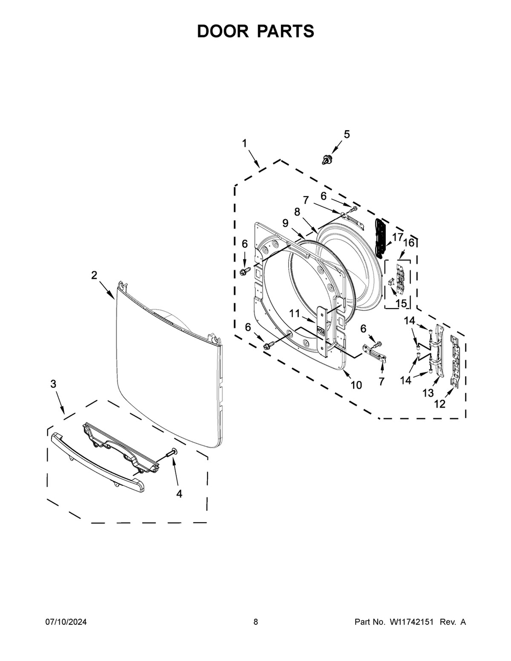 05 - Door Parts Diagram and Parts List for MED7020RU0  Whirlpool Dryer