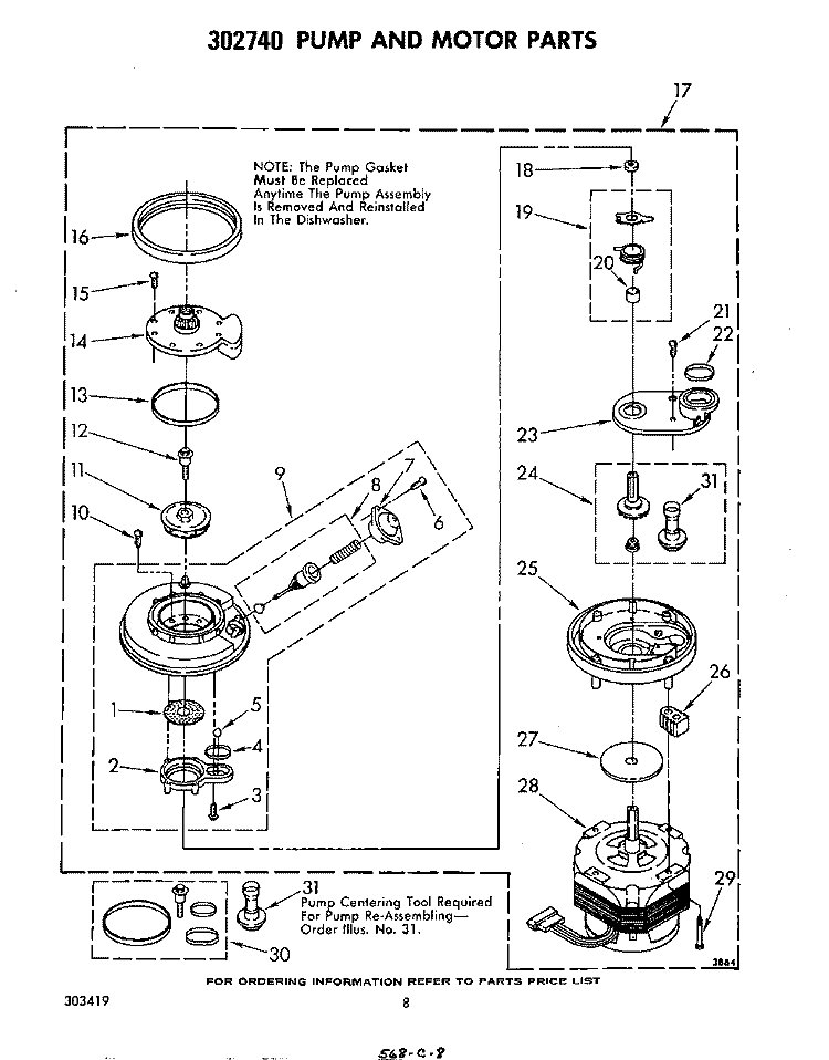 302740 PUMP AND MOTOR Diagram and Parts List for DU8903XL0  Whirlpool Dishwasher