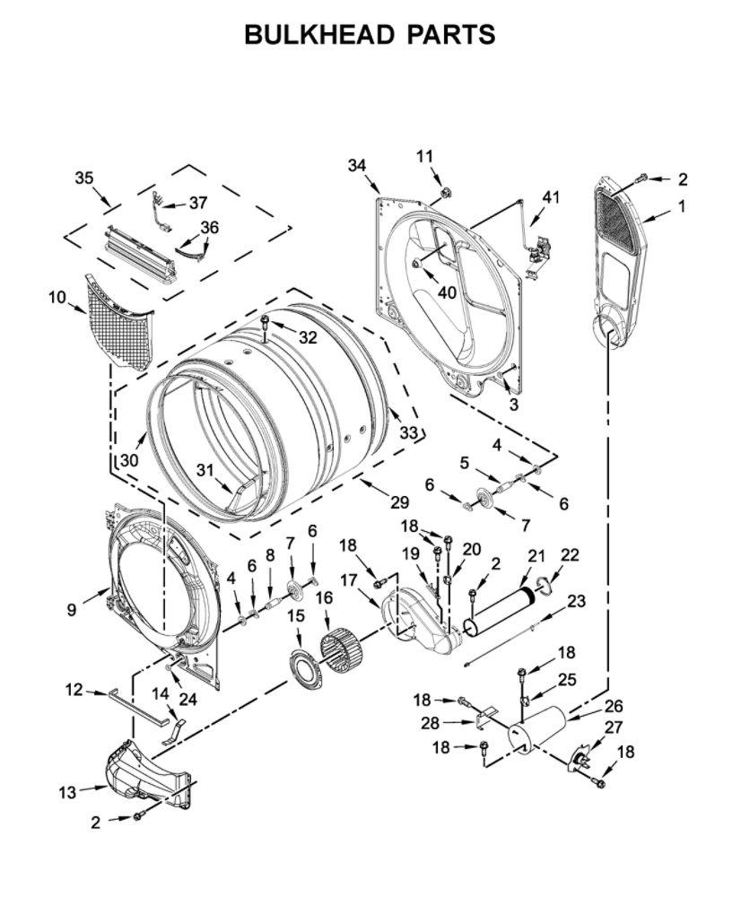 Bulkhead Parts Diagram and Parts List for WGD560LHW0  Whirlpool Dryer