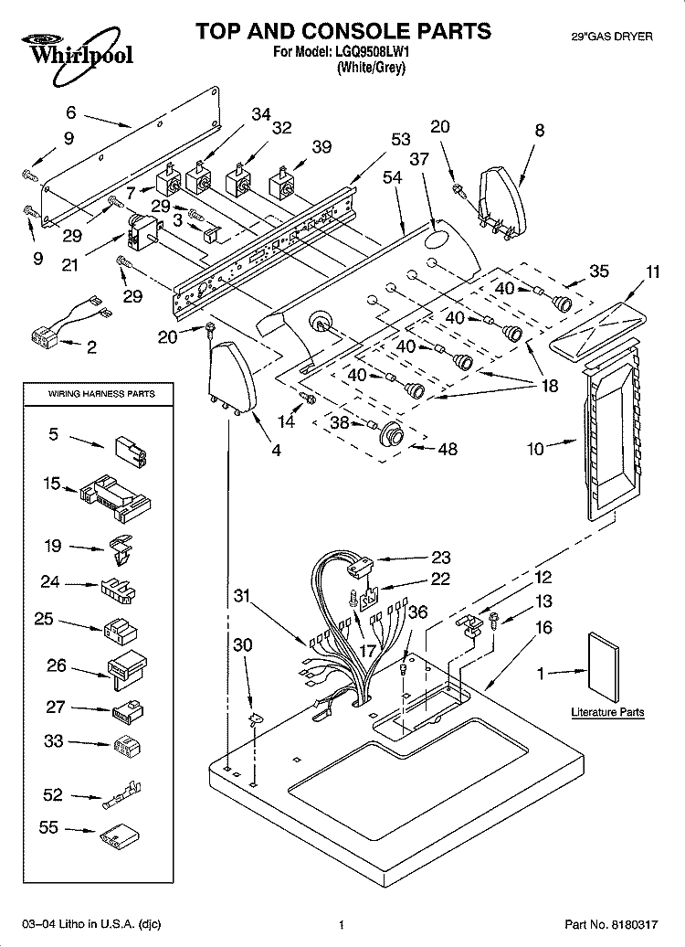 TOP AND CONSOLE PARTS Diagram and Parts List for LGQ9508LW1  Whirlpool Dryer