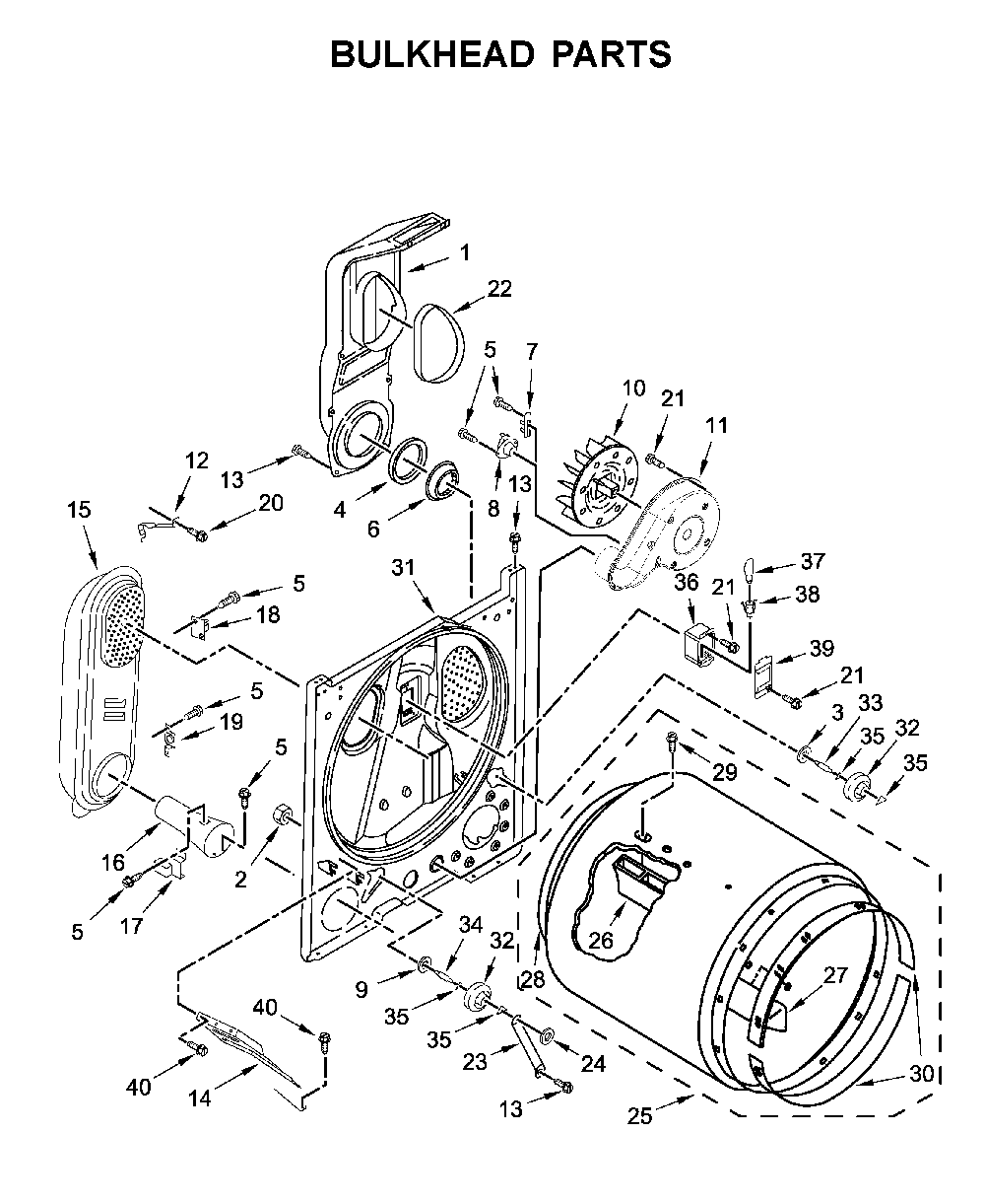 Bulkhead parts Diagram and Parts List for WGD4850HW1  Whirlpool Dryer