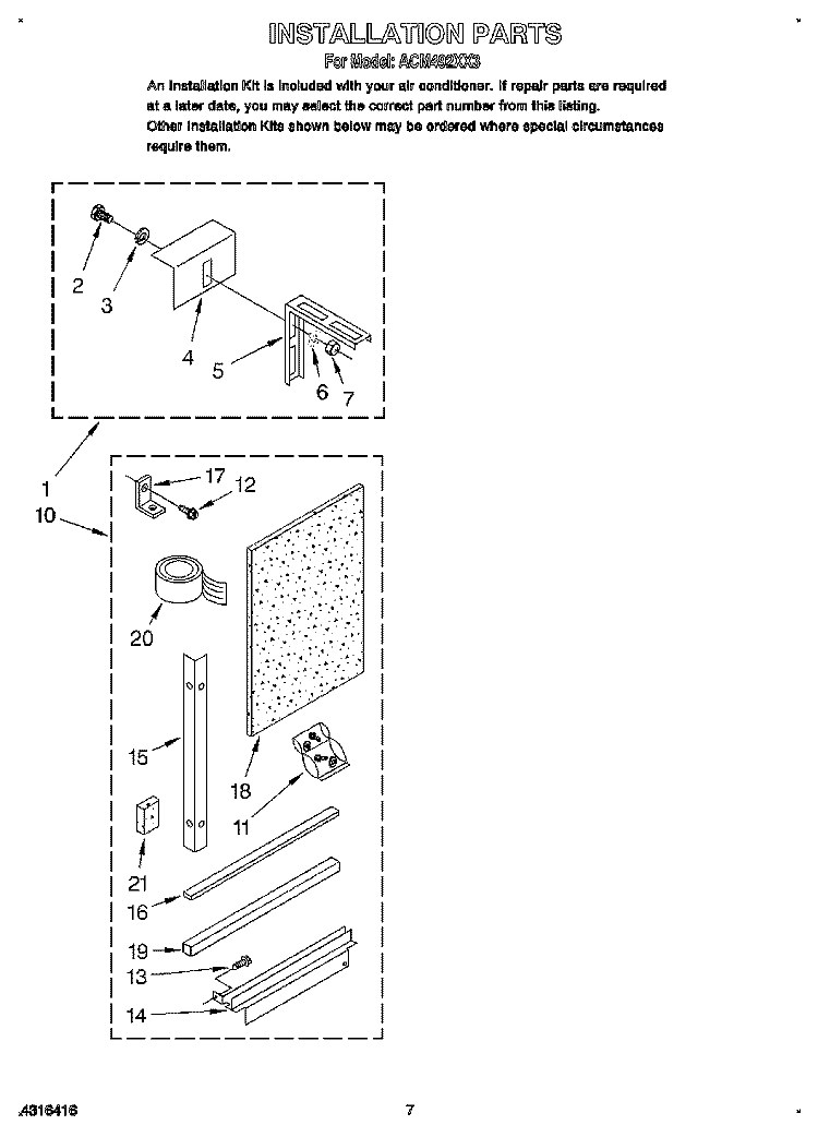 INSTALLATION, LITERATURE Diagram and Parts List for ACM492XX3  Whirlpool Air Conditioner