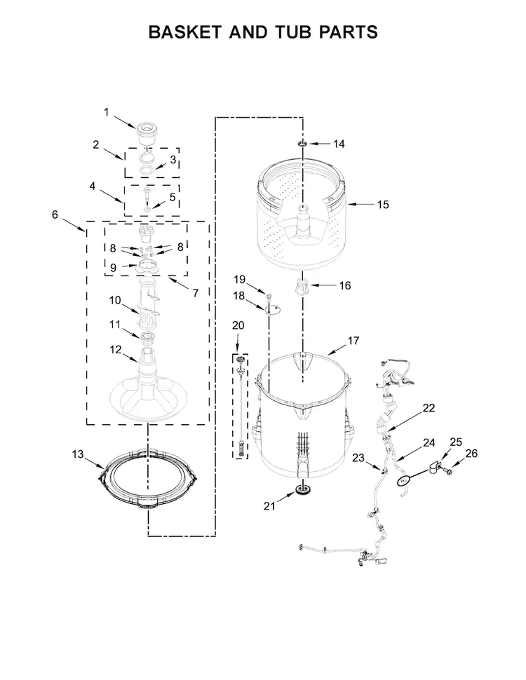 Basket And Tub Parts Diagram and Parts List for WTW4616FW1  Whirlpool Washer