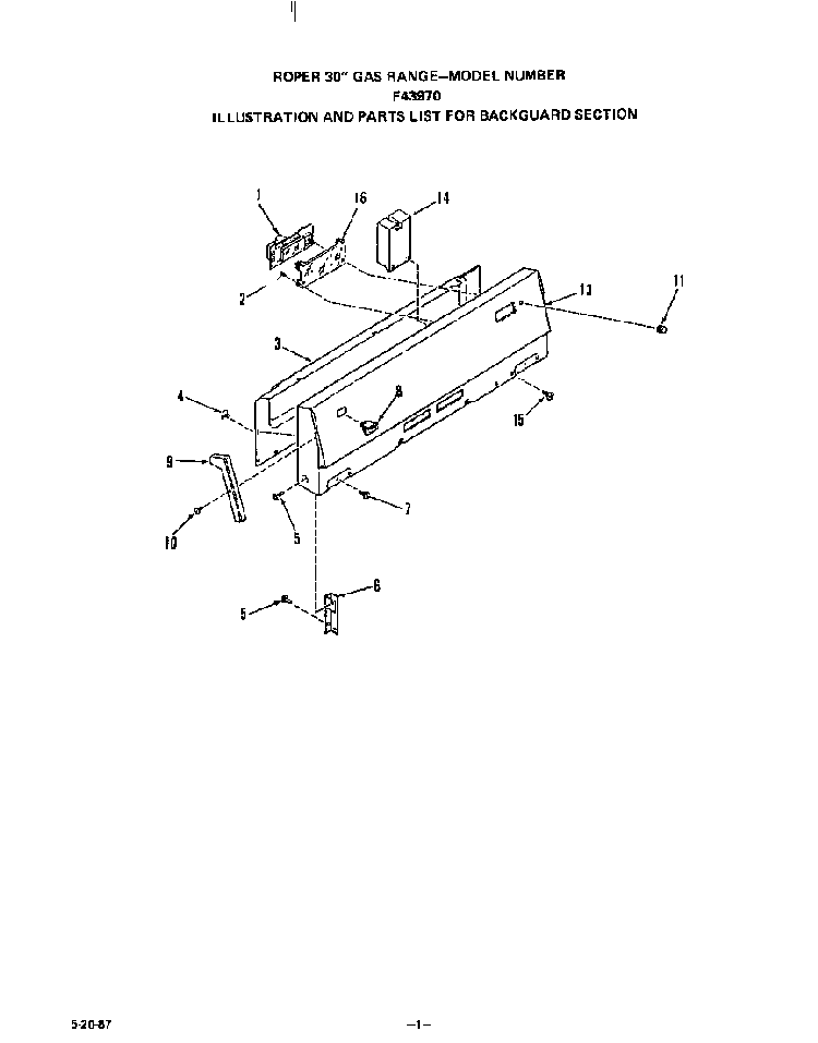 Backguard Diagram and Parts List for F4397*0  Roper Range
