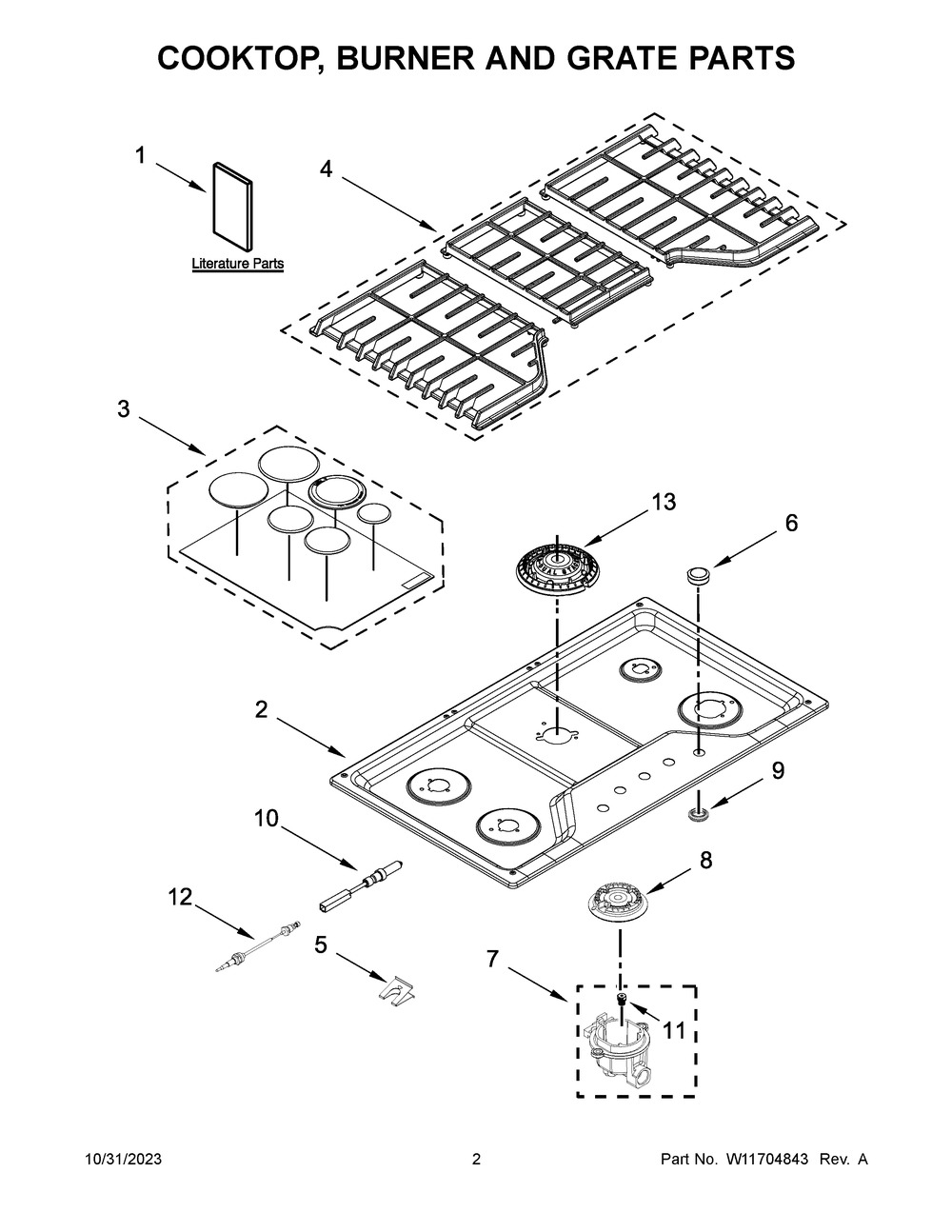 Cooktop, Burner And Grate Parts Diagram and Parts List for KCGS356ESS06  KitchenAid Cooktop