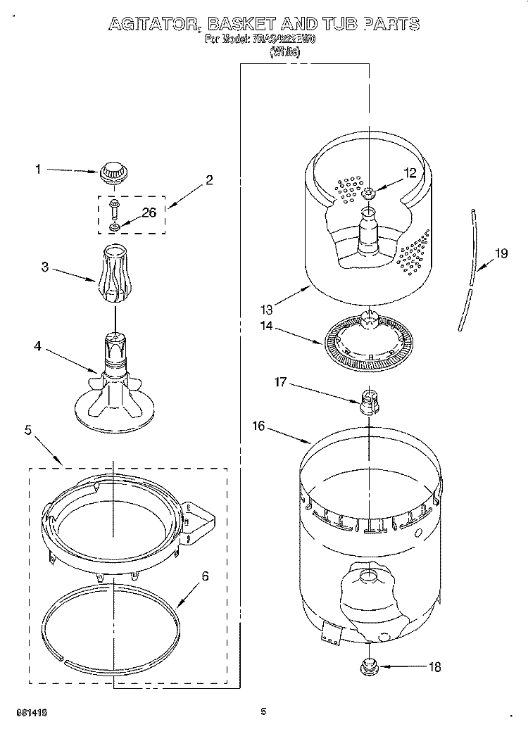 AGITATOR, BASKET & TUB Diagram and Parts List for 7RAS4222EW0  Whirlpool Washer