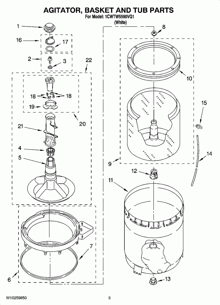AGITATOR, BASKET AND TUB PARTS Diagram and Parts List for 1CWTW5590VQ1  Whirlpool Washer