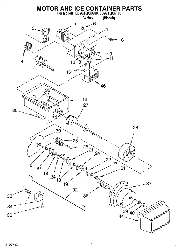 MOTOR AND ICE CONTAINER Diagram and Parts List for ED2GTQXKQ00  Whirlpool Refrigerator