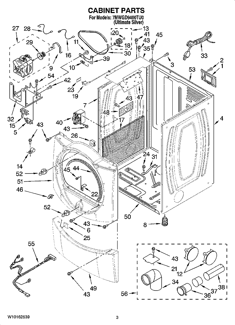 CABINET PARTS Diagram and Parts List for 7MWGD9400TU0  Whirlpool Dryer