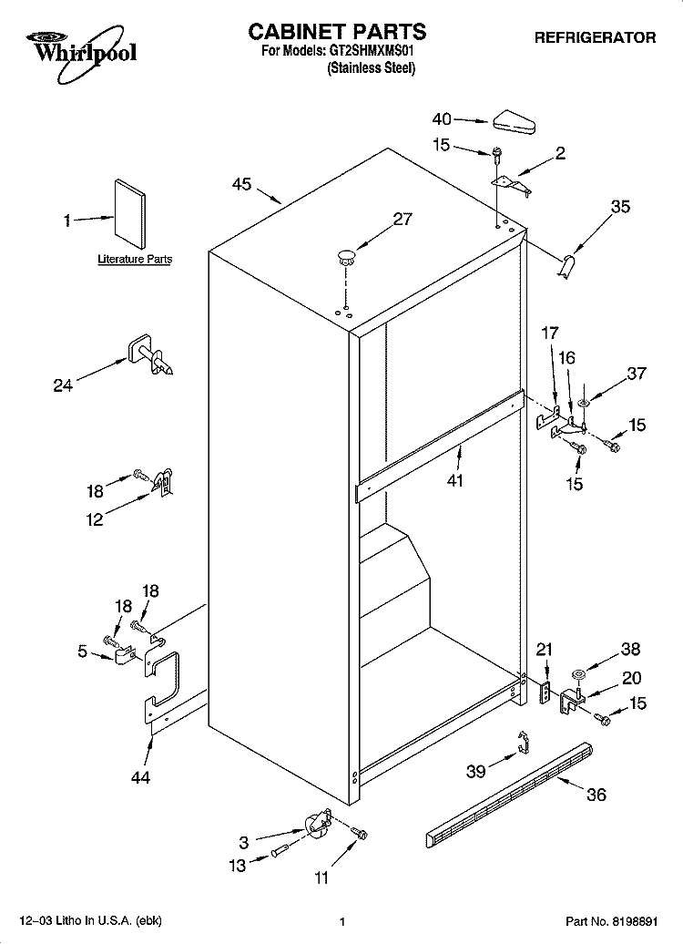 CABINET PARTS Diagram and Parts List for GT2SHMXMS01  Whirlpool Refrigerator