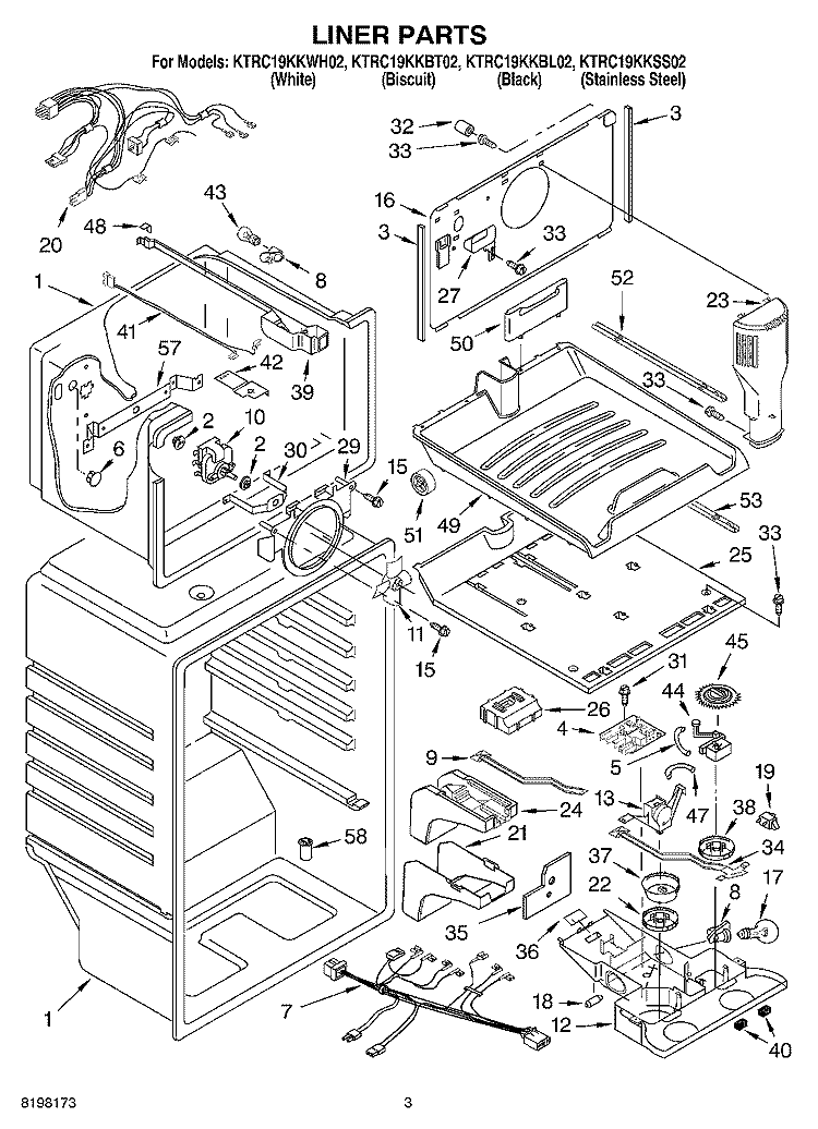 LINER Diagram and Parts List for KTRC19KKWH02  KitchenAid Refrigerator
