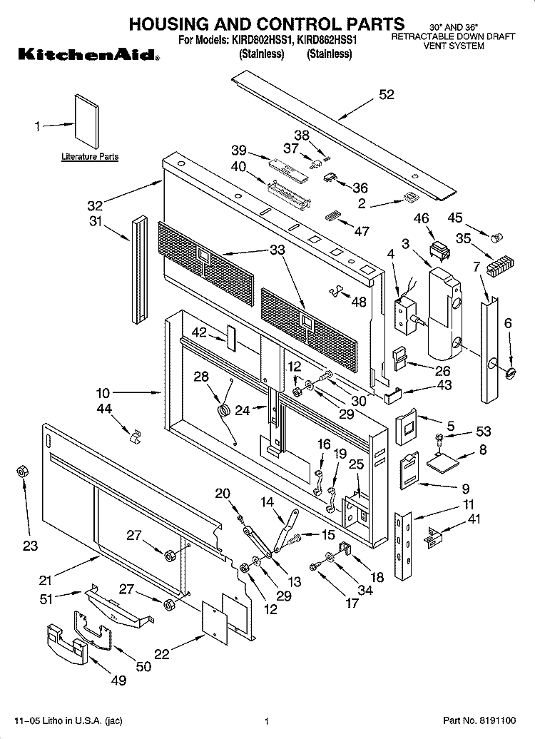 HOUSING AND CONTROL PARTS Diagram and Parts List for KIRD802HSS1  KitchenAid Range Hood