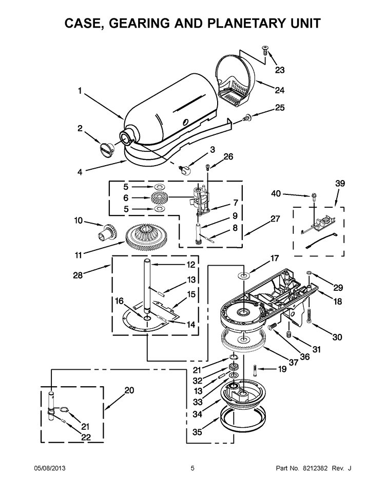 CASE, GEARING AND PLANETARY UNIT Diagram and Parts List for 5KSM150PSBCP4  KitchenAid Mixer