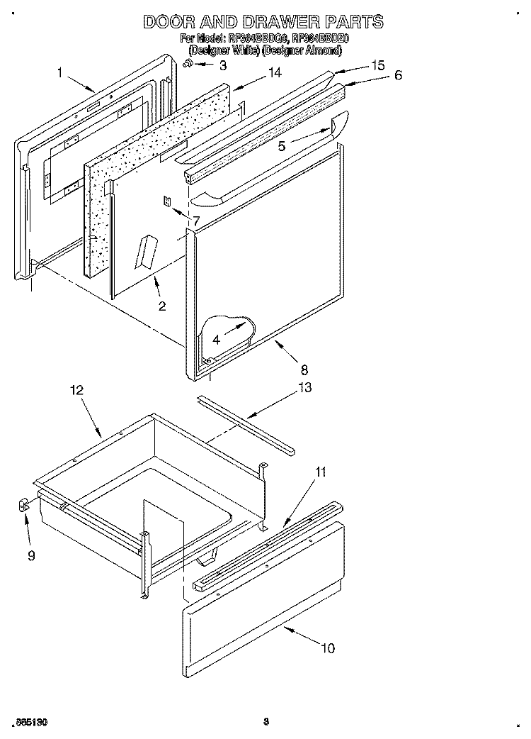 DOOR AND DRAWER Diagram and Parts List for RF364BBDZ0  Whirlpool Range