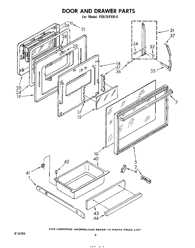 DOOR AND DRAWER Diagram and Parts List for RS575PXR0  Whirlpool Range