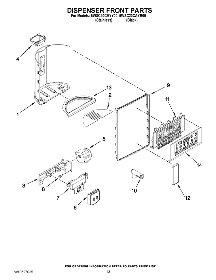DISPENSER FRONT PARTS Diagram and Parts List for 5WSC20CAYY00  Whirlpool Refrigerator
