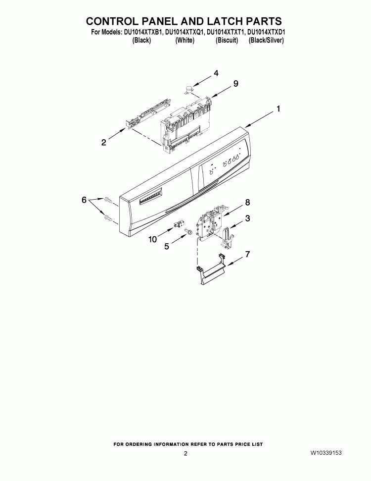 CONTROL PANEL AND LATCH PARTS Diagram and Parts List for DU1014XTXB1  Whirlpool Dishwasher