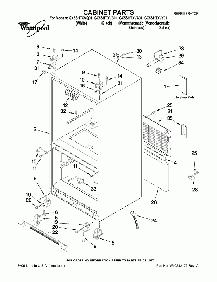 CABINET PARTS Diagram and Parts List for GX5SHTXVY01  Whirlpool Refrigerator