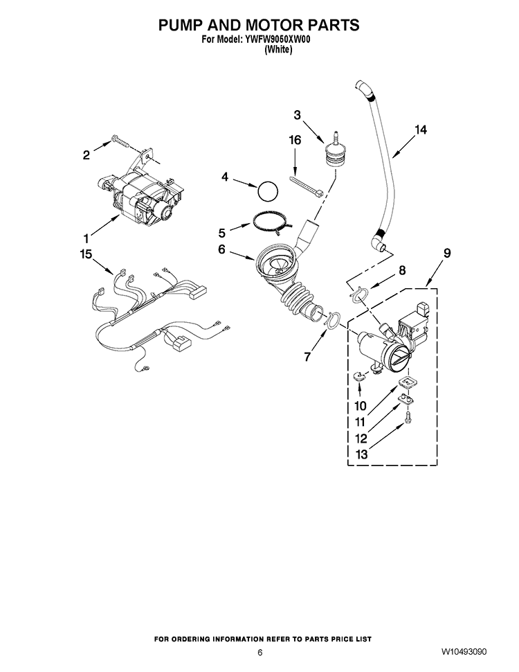 PUMP AND MOTOR PARTS Diagram and Parts List for YWFW9050XW00  Whirlpool Washer