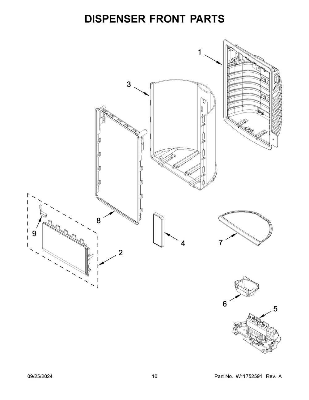 09 - Dispenser Front Parts Diagram and Parts List for WRMF7736PV01  Whirlpool Refrigerator