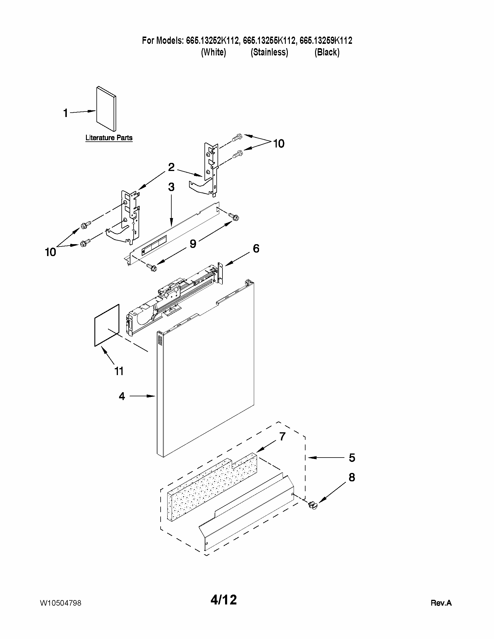 Door And Panel Parts Diagram and Parts List for 66513255K112  Kenmore Dishwasher