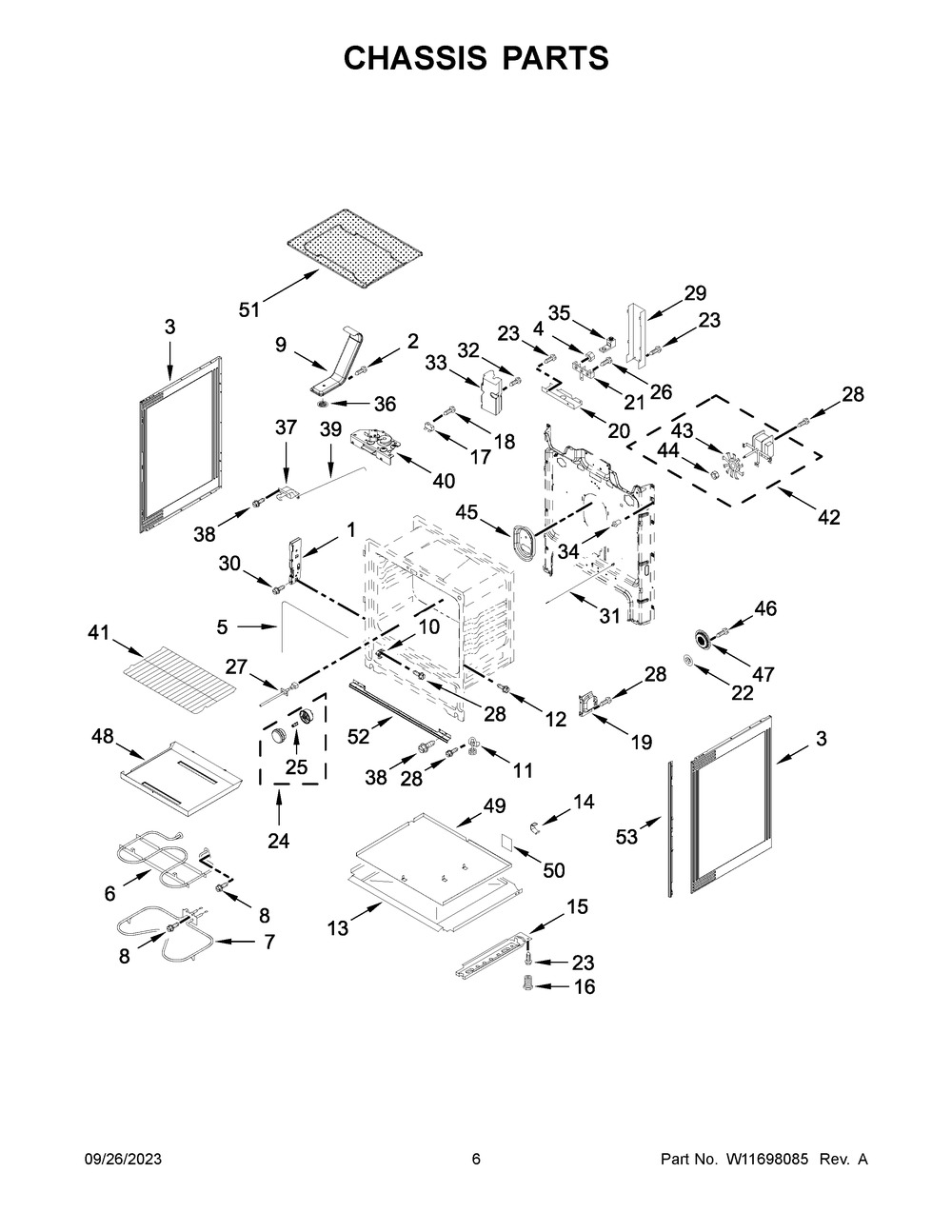 Chassis Parts Diagram and Parts List for WFE535S0LS3  Whirlpool Range