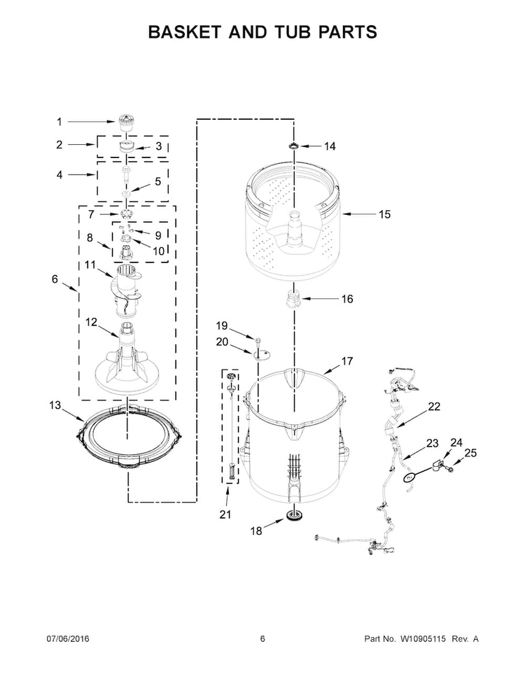 Basket And Tub Parts Diagram and Parts List for 2DWTW4845EW1  Whirlpool Washer