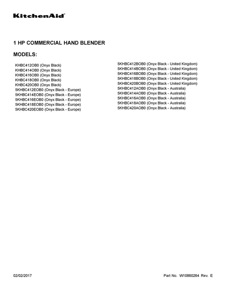 Cover Sheet Diagram and Parts List for 5KHBC418BOB0  KitchenAid Blender