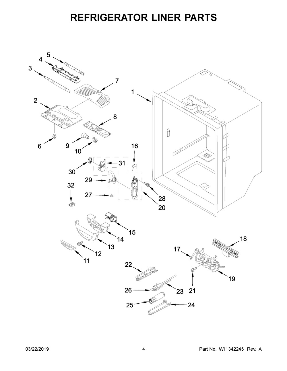 Refrigerator Liner Parts Diagram and Parts List for WRF540CWHZ02  Whirlpool Refrigerator