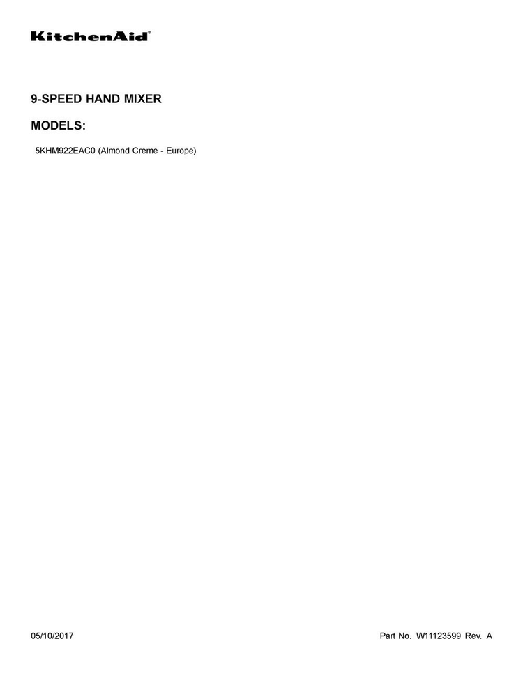 Cover Sheet Diagram and Parts List for 5KHM922EAC0  KitchenAid Mixer