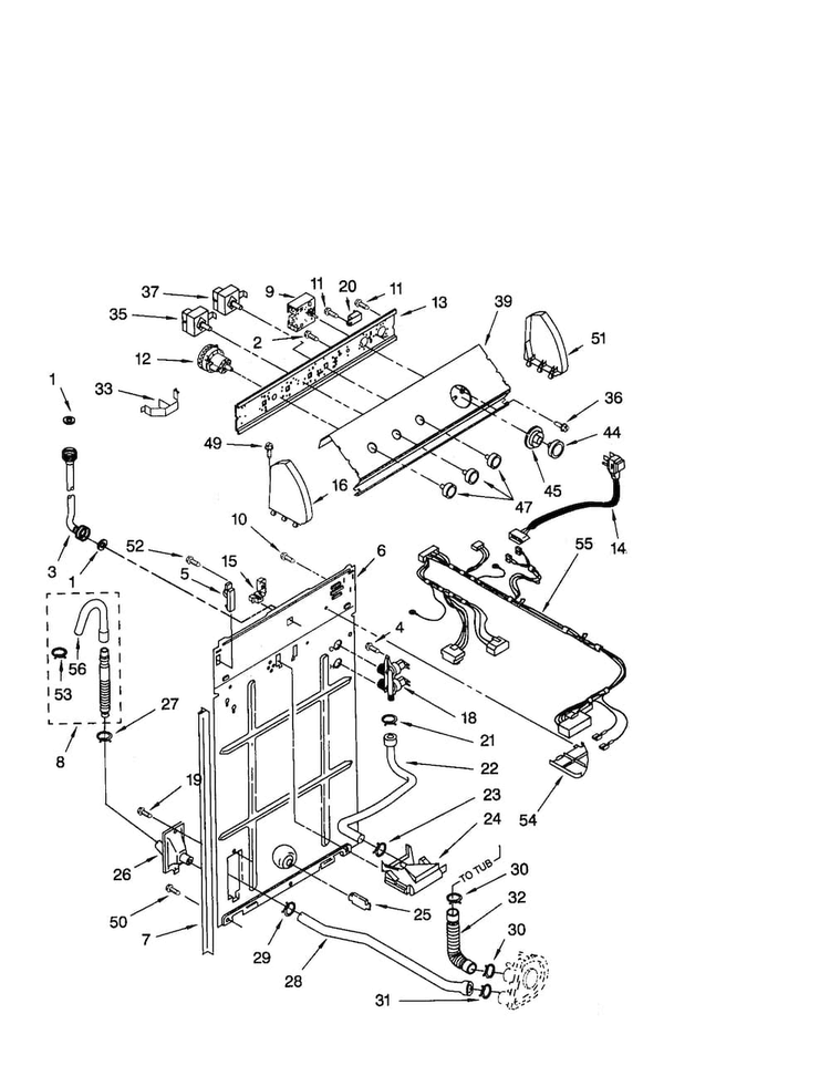 Controls And Rear Panel Diagram and Parts List for 2DLSQ7533JQ0  Whirlpool Washer