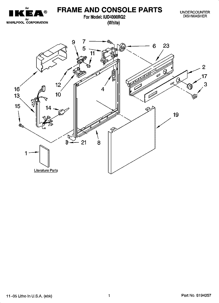 FRAME AND CONSOLE PARTS Diagram and Parts List for IUD4000RQ2  Whirlpool Dishwasher