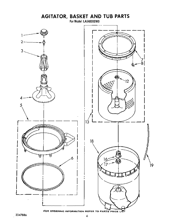 AGITATOR, BASKET AND TUB Diagram and Parts List for LA5400XSW0  Whirlpool Washer