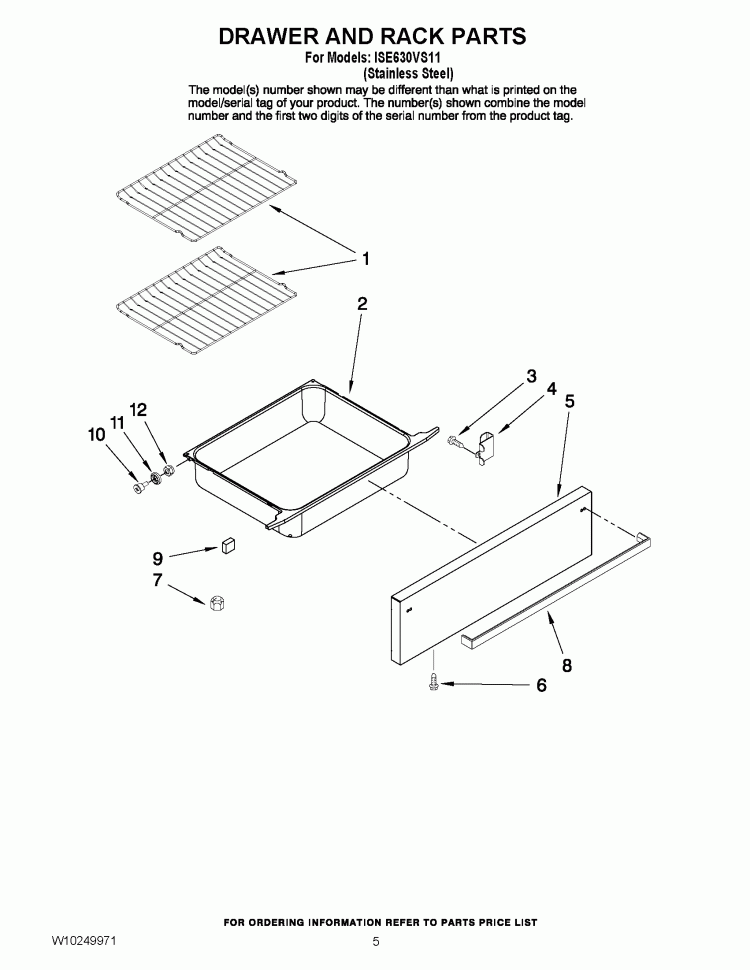 DRAWER AND RACK PARTS Diagram and Parts List for ISE630VS11  Whirlpool Range