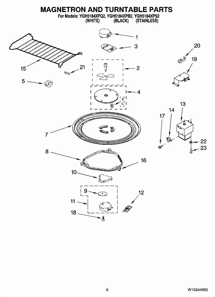 MAGNETRON AND TURNTABLE PARTS Diagram and Parts List for YGH5184XPQ2  Whirlpool Microwave