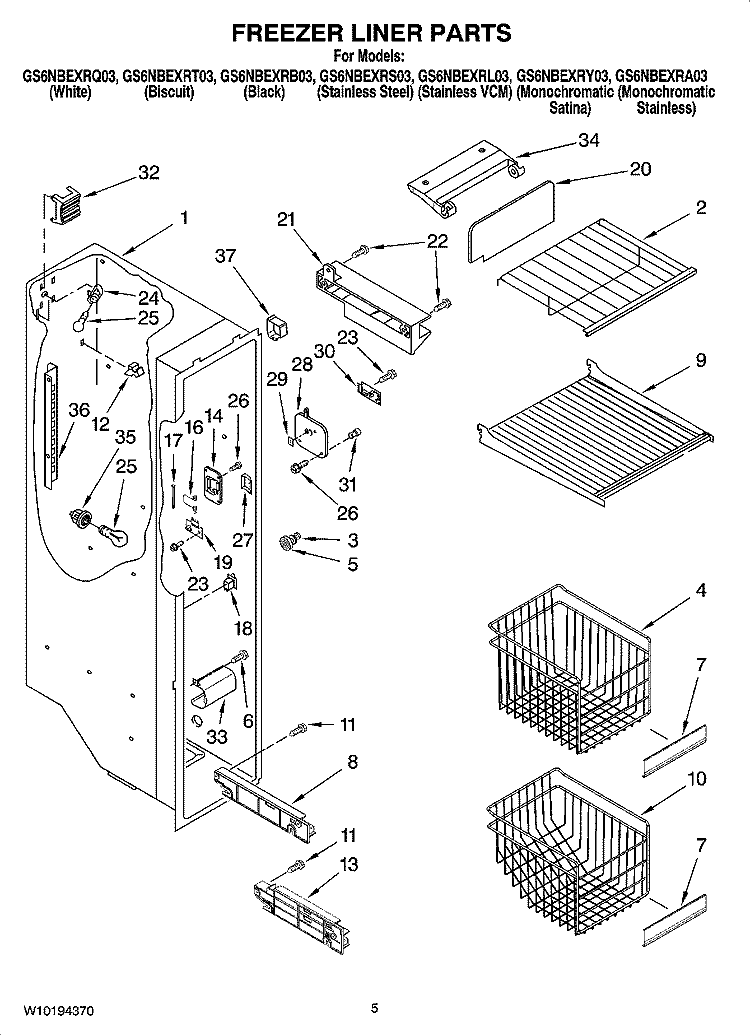 FREEZER LINER PARTS Diagram and Parts List for GS6NBEXRL03  Whirlpool Refrigerator