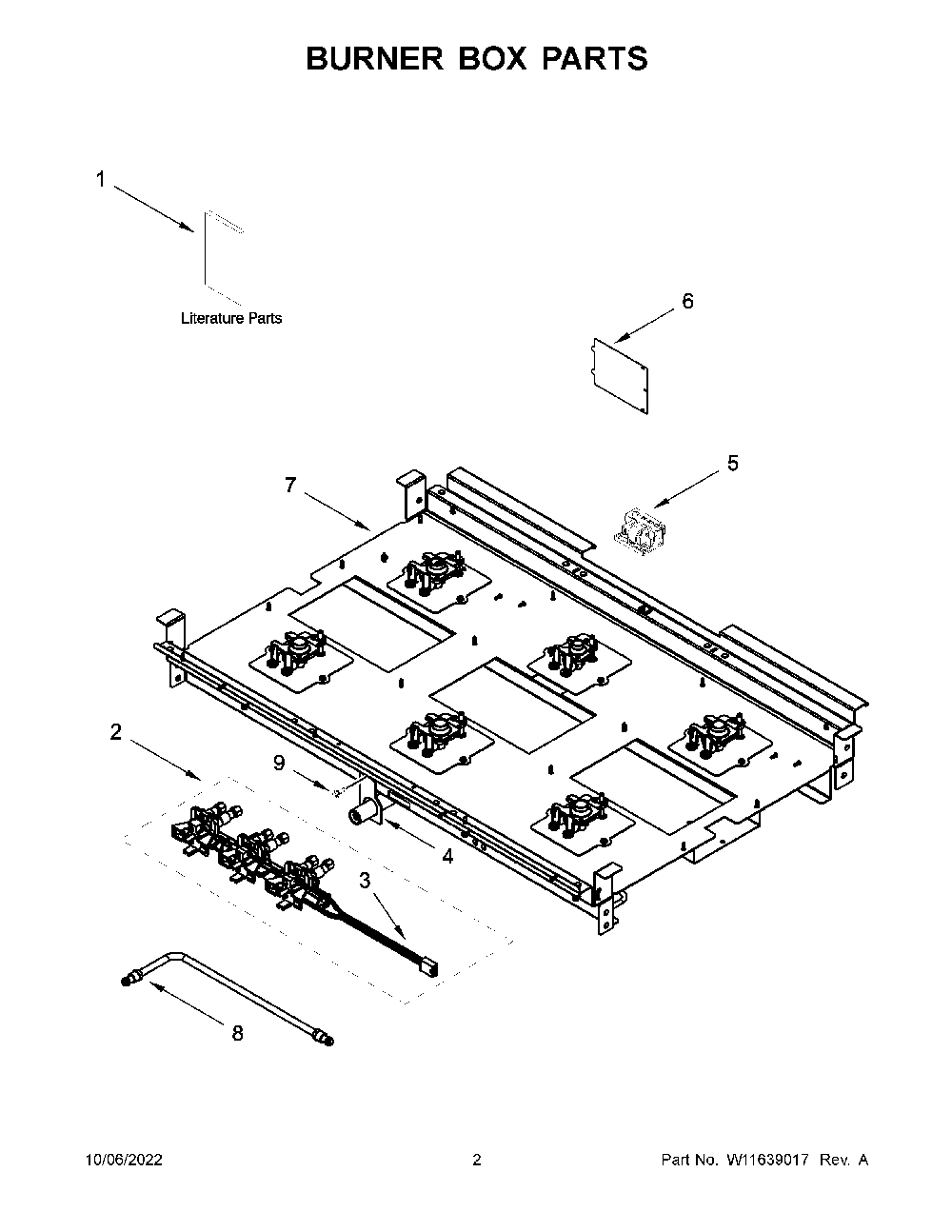 Burner Box Parts Diagram and Parts List for KFGC506JMB05  KitchenAid Range