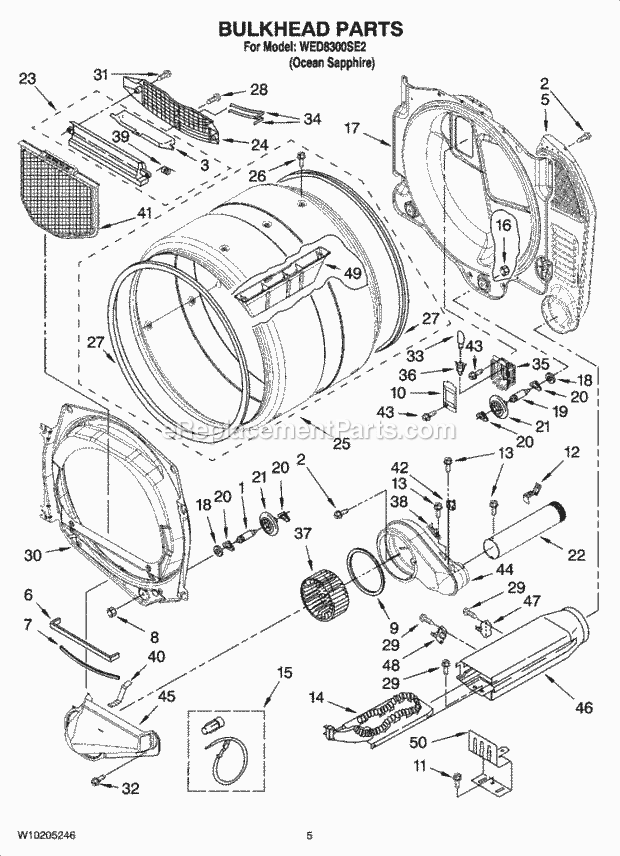 Bulkhead Parts Diagram and Parts List for WED8300SE2  Whirlpool Dryer