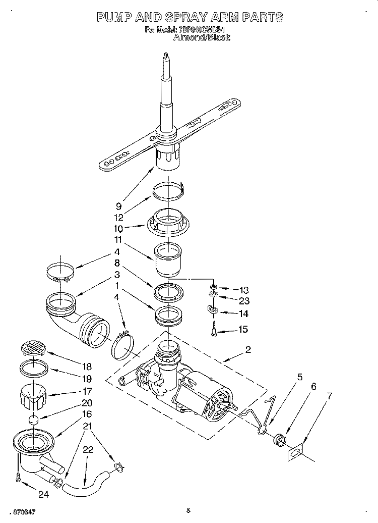 PUMP AND SPRAY ARM Diagram and Parts List for 7DP840CWDB1  Whirlpool Dishwasher
