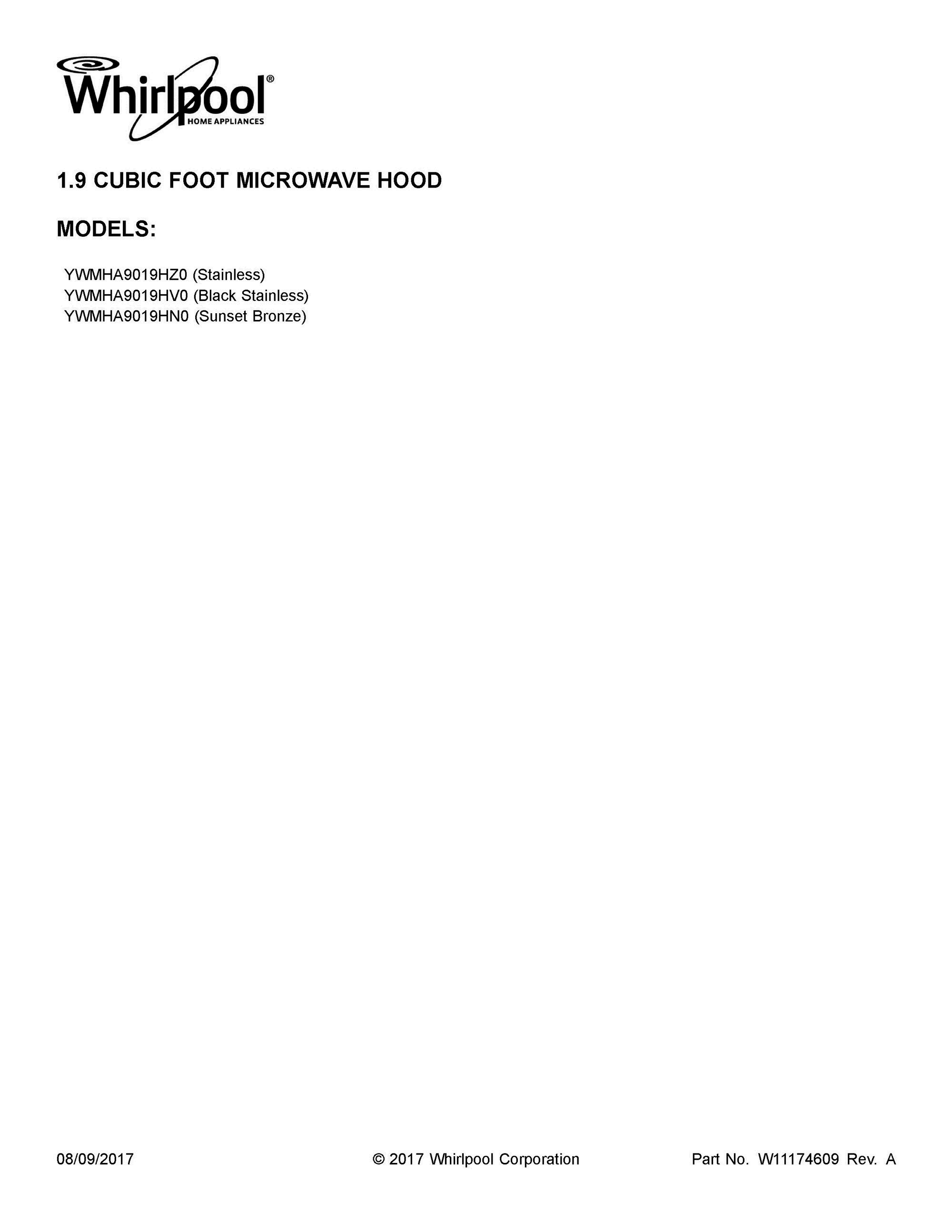 01 - COVER SHEET Diagram and Parts List for YWMHA9019HV0  Whirlpool Microwave Oven Combo